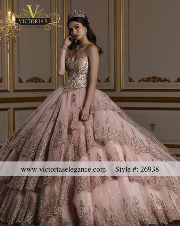 House of Wu Charro Tulle Ball Gown w/Metallic Gold Embroidery