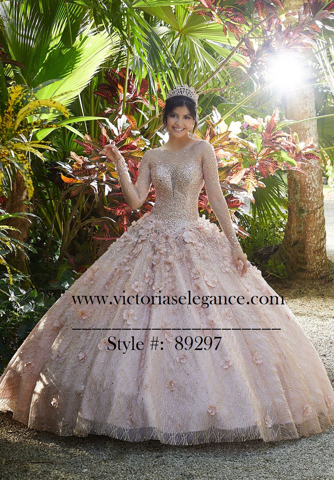 Morilee Glitter Net and Floral Applique Ball Gown with Long Sleeves