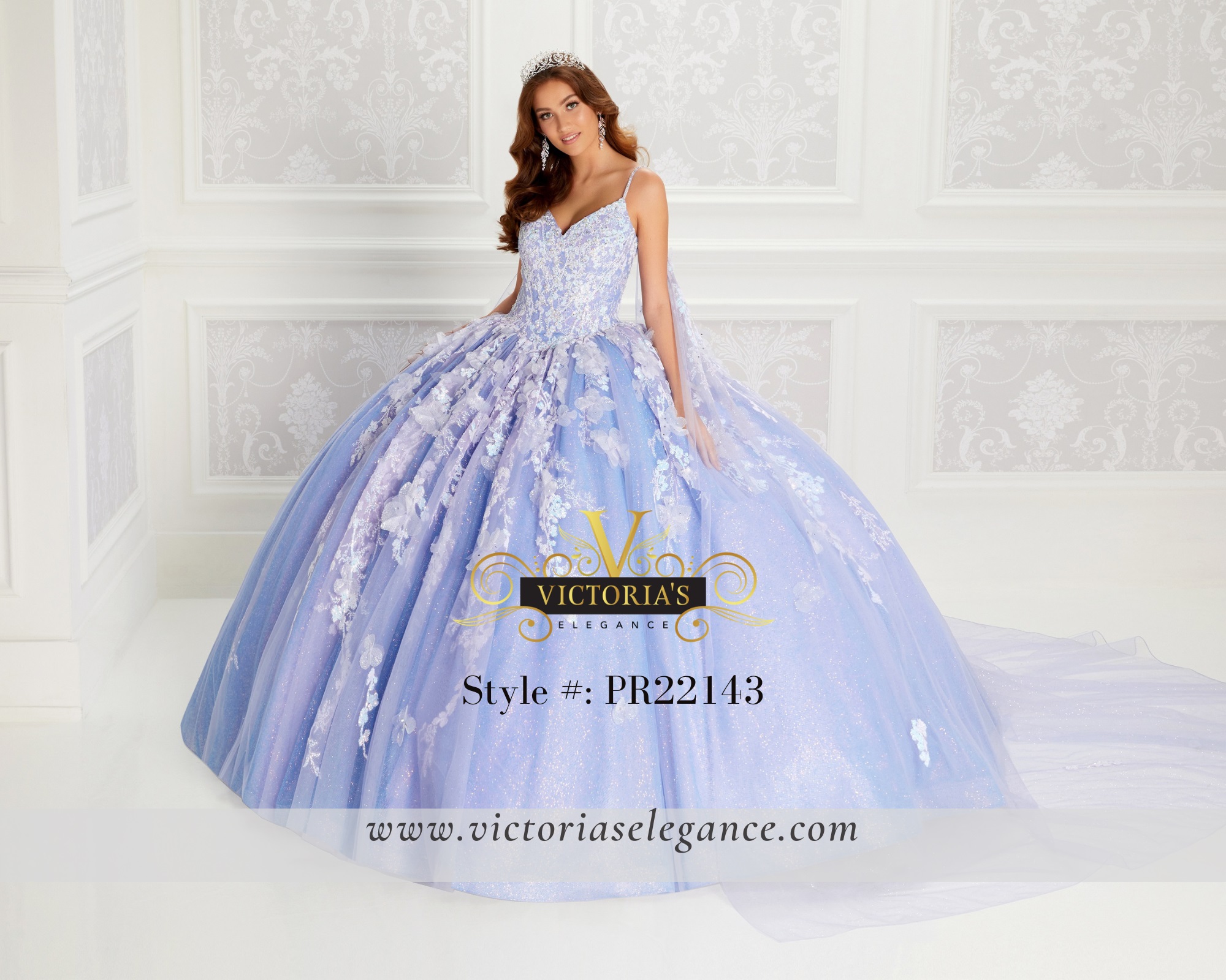 Princesa by Ariana Vara Shimmering Tulle Ball Gown with Floral Applique and Detachable Cape